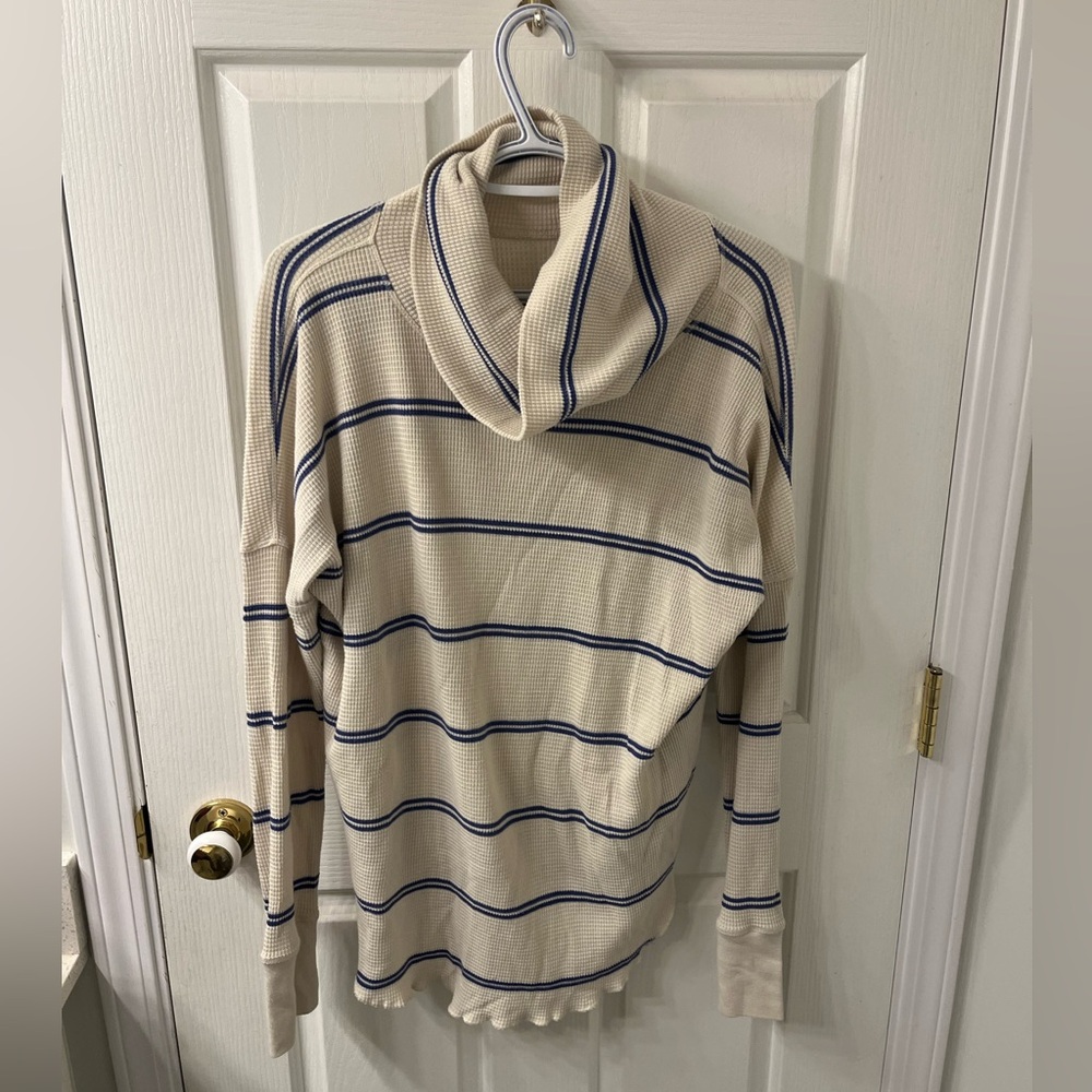 The Group by Babaton Beige and blue Striped Turtleneck waffle Sweater